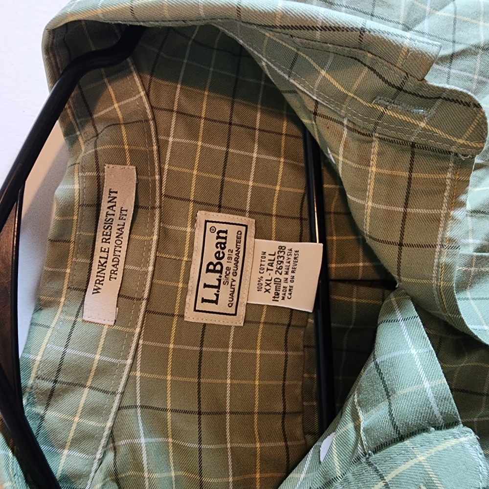 2XL L.L. Bean Men’s Green Plaid Wrinkle-Resistant Traditional Fit Shirt
